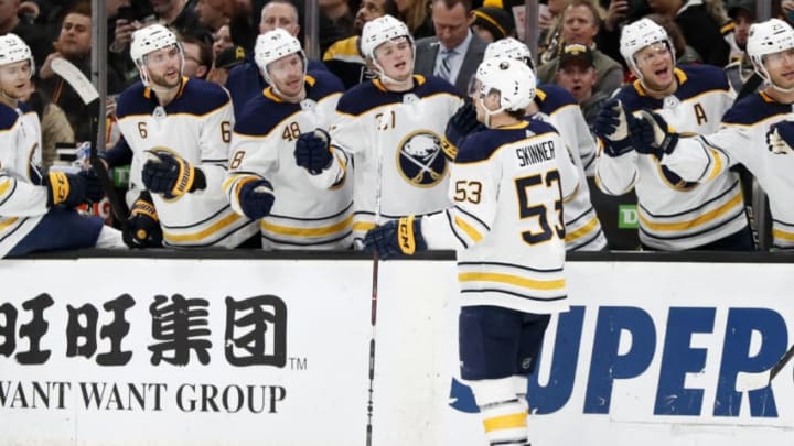 BOSTON, MA - DECEMBER 16: Buffalo Sabres left wing Jeff Skinner (53) skates by the bench after scoring his second goal of the game during a game between the Boston Bruins and the Buffalo Sabres on December 16, 2018, at TD Garden in Boston, Massachusetts. (Photo by Fred Kfoury III/Icon Sportswire via Getty Images)
