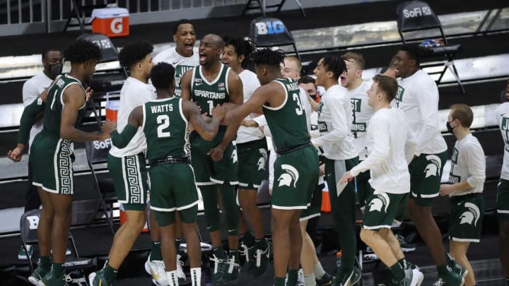 Michigan State guard Joshua Langford gets his teammates fired up before the 68-57 loss to Maryland in the Big Ten tournament on Thursday, March 11, 2021, at Lucas Oil Stadium in Indianapolis.Msu Mary