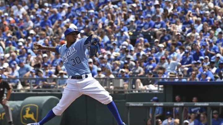 Apr 24, 2016; Kansas City, MO, USA; Kansas City Royals pitcher Yordano Ventura (30) delivers a pitch against the Baltimore Orioles during the second inning at Kauffman Stadium. Mandatory Credit: Peter G. Aiken-USA TODAY Sports