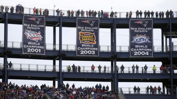 Dec 28, 2014; Foxborough, MA, USA; Championship banners hang at Gillette Stadium as the New England Patriots take on the Buffalo Bills in the second. Buffalo Bills defeated the Patriots 17-9. Mandatory Credit: David Butler II-USA TODAY Sports