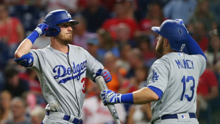 PHILADELPHIA, PA - JULY 15: Cody Bellinger #35 of the Los Angeles Dodgers is congratulated by Max Muncy #13 after hitting a home run against the Philadelphia Phillies during the fifth inning of a baseball game at Citizens Bank Park on July 15, 2019 in Philadelphia, Pennsylvania. (Photo by Rich Schultz/Getty Images)