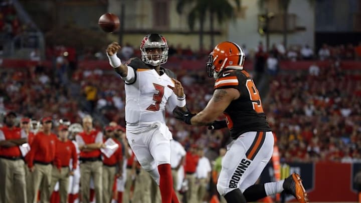 Aug 26, 2016; Tampa, FL, USA; Tampa Bay Buccaneers quarterback Jameis Winston (3) throws the ball as Cleveland Browns defensive end John Hughes (93) defends during the first half at Raymond James Stadium. Mandatory Credit: Kim Klement-USA TODAY Sports