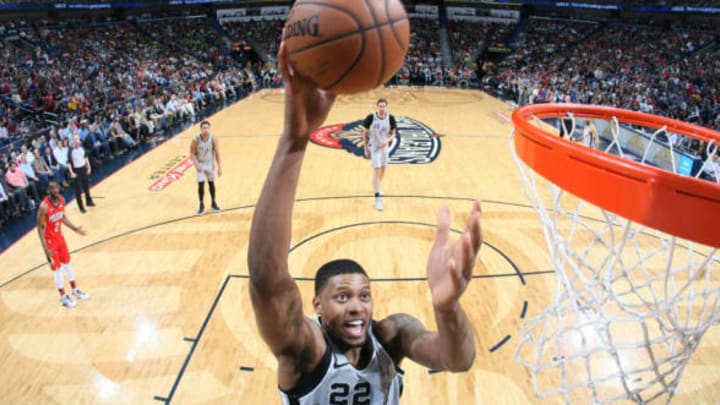 NEW ORLEANS, LA – APRIL 11: Rudy Gay #22 of the San Antonio Spurs dunks against the New Orleans Pelicans on April 11, 2018 at Smoothie King Center in New Orleans, Louisiana. NOTE TO USER: User expressly acknowledges and agrees that, by downloading and or using this Photograph, user is consenting to the terms and conditions of the Getty Images License Agreement. Mandatory Copyright Notice: Copyright 2018 NBAE (Photo by Layne Murdoch Jr./NBAE via Getty Images)