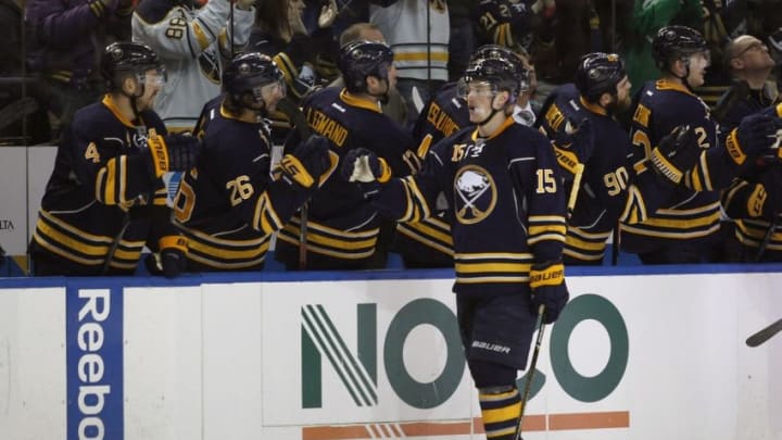 Mar 26, 2016; Buffalo, NY, USA; Buffalo Sabres center Jack Eichel (15) celebrates his goal during the third period against the Winnipeg Jets at First Niagara Center. Buffalo beats Winnipeg 3 to 2. Mandatory Credit: Timothy T. Ludwig-USA TODAY Sports