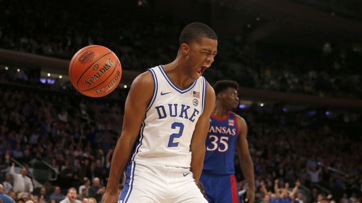 NEW YORK, NEW YORK – NOVEMBER 05: Cassius Stanley #2 of the Duke Blue Devils celebrates his dunk in the second half against the Kansas Jayhawks during the State Farm Champions Classic at Madison Square Garden on November 05, 2019 in New York City.Duke Blue Devils defeated the Kansas Jayhawks 68-66. (Photo by Elsa/Getty Images)