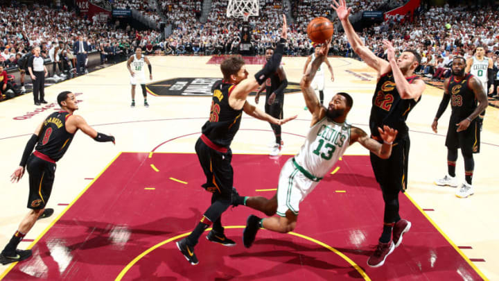 CLEVELAND, OH - MAY 25: Marcus Morris #13 of the Boston Celtics goes to the basket against the Cleveland Cavaliers during Game Six of the Eastern Conference Finals of the 2018 NBA Playoffs on May 25, 2018 at Quicken Loans Arena in Cleveland, Ohio. NOTE TO USER: User expressly acknowledges and agrees that, by downloading and or using this Photograph, user is consenting to the terms and conditions of the Getty Images License Agreement. Mandatory Copyright Notice: Copyright 2018 NBAE (Photo by Nathaniel S. Butler/NBAE via Getty Images)