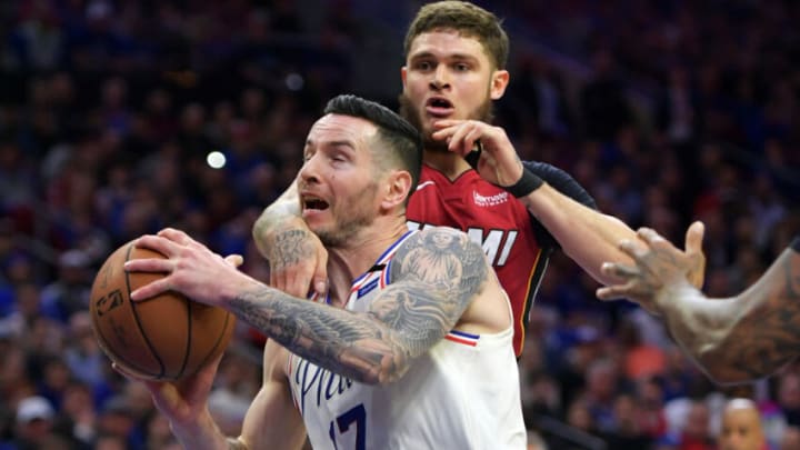 PHILADELPHIA, PA - APRIL 24: JJ Redick #17 of the Philadelphia 76ers gets fouled by Tyler Johnson #8 of the Miami Heat at Wells Fargo Center on April 24, 2018 in Philadelphia, Pennsylvania. (Photo by Drew Hallowell/Getty Images)