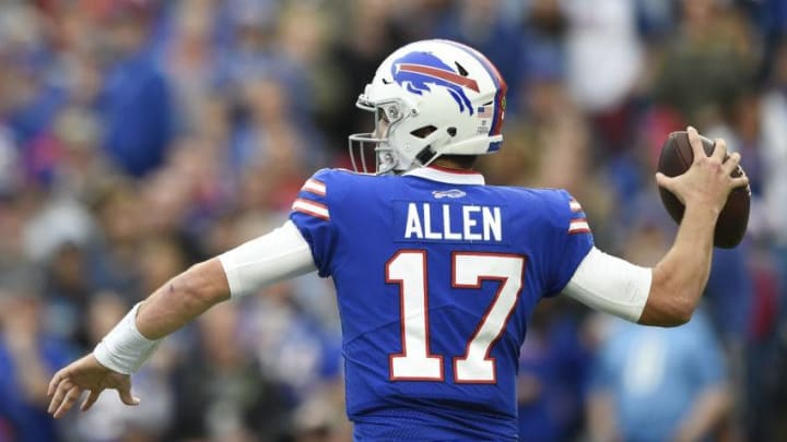 Quarterback Josh Allen #17 of the Buffalo Bills throws a pass in the first quarter against the Tennessee Titans at New Era Field. (Photo by Patrick McDermott/Getty Images)