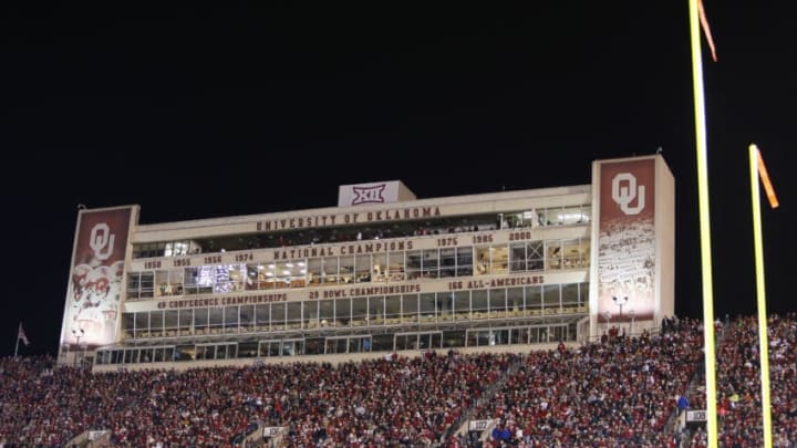 NORMAN, OK - NOVEMBER 9: The Oklahoma Sooners press box is lit up against the Iowa State Cyclones on November 9, 2019 at Gaylord Family Oklahoma Memorial Stadium in Norman, Oklahoma. OU held on to win 42-41. (Photo by Brian Bahr/Getty Images)