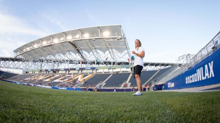May 24, 2015; Philadelphia, PA, USA; North Carolina Tar Heels head coach Jenny Levy surveys the field prior to the NCAA division I women's lacrosse championship game against the Maryland Terrapins at PPL Park. Mandatory Credit: Bill Streicher-USA TODAY Sports