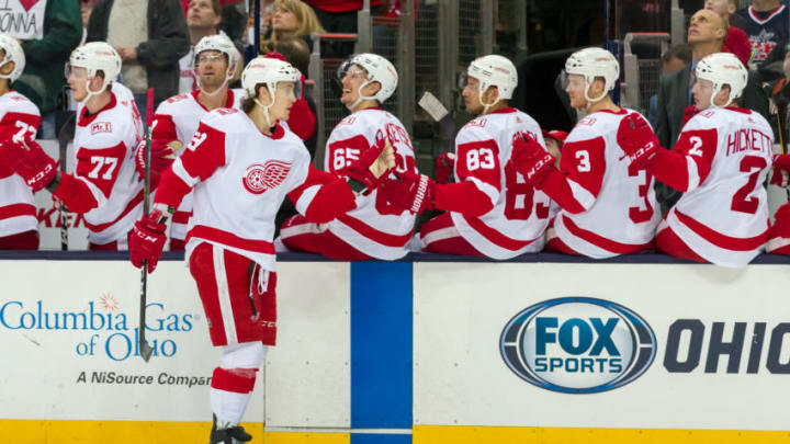 COLUMBUS, OH - APRIL 03: Detroit Red Wings left wing Tyler Bertuzzi (59) celebrates with teammates after scoring a goal in the first period of a game between the Columbus Blue Jackets and the Detroit Red Wings on April 03, 2018 at Nationwide Arena in Columbus, OH.(Photo by Adam Lacy/Icon Sportswire via Getty Images)