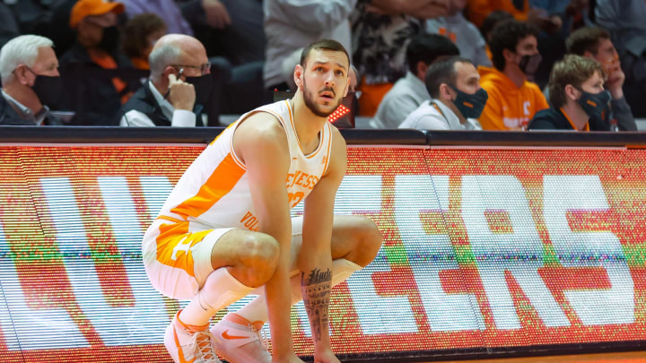 Jan 5, 2022; Knoxville, Tennessee, USA; Tennessee Volunteers forward Uros Plavsic (33) looks on during the first half against the Mississippi Rebels at Thompson-Boling Arena. Mandatory Credit: Randy Sartin-USA TODAY Sports