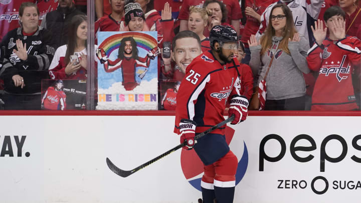 WASHINGTON, DC – APRIL 20: Devante Smith-Pelly #25 of the Washington Capitals warms up before playing against the Carolina Hurricanes in Game Five of the Eastern Conference First Round during the 2019 NHL Stanley Cup Playoffs at Capital One Arena on April 20, 2019 in Washington, DC. (Photo by Patrick McDermott/NHLI via Getty Images)