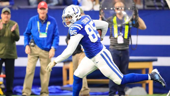 INDIANAPOLIS, IN - NOVEMBER 11: Eric Ebron #85 of the Indianapolis Colts runs the ball after a catch in the game against the Jacksonville Jaguars in the first quarter at Lucas Oil Stadium on November 11, 2018 in Indianapolis, Indiana. (Photo by Andy Lyons/Getty Images) INDIANAPOLIS, IN - NOVEMBER 11: Eric Ebron #85 of the Indianapolis Colts runs the ball after a catch in the game against the Jacksonville Jaguars in the first quarter at Lucas Oil Stadium on November 11, 2018 in Indianapolis, Indiana. (Photo by Andy Lyons/Getty Images)