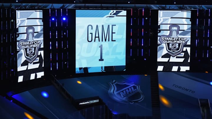 TORONTO, ONTARIO - AUGUST 01: A general view of arena signage during the game between the New York Rangers and the Carolina Hurricanes in Game One of the Eastern Conference Qualification Round prior to the 2020 NHL Stanley Cup Playoffs at Scotiabank Arena on August 1, 2020 in Toronto, Ontario, Canada. (Photo by Andre Ringuette/Getty Images)