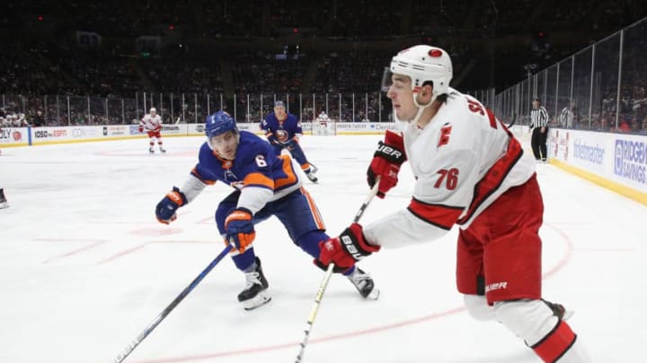UNIONDALE, NEW YORK - MARCH 07: Brady Skjei #76 of the Carolina Hurricanes skates against the New York Islanders at NYCB Live's Nassau Coliseum on March 07, 2020 in Uniondale, New York. (Photo by Bruce Bennett/Getty Images)