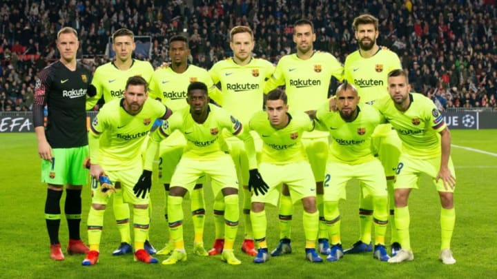 (top row L-R) FC Barcelona goalkeeper Marc-Andre ter Stegen, Clement Lenglet of FC Barcelona, Nelson Semedo of FC Barcelona, Ivan Rakitic of FC Barcelona, Sergio Busquets of FC Barcelona, Gerard Pique of FC Barcelona(bottom row L-R) Lionel Messi of FC Barcelona, Ousmane Dembele of FC Barcelona, Philippe Coutinho of FC Barcelona, Arturo Vidal of FC Barcelona, Jordi Alba of FC Barcelona during the UEFA Champions League group C match between PSV Eindhoven and FC Barcelona at the Phillips stadium on November 28, 2018 in Eindhoven, The Netherlands(Photo by VI Images via Getty Images)