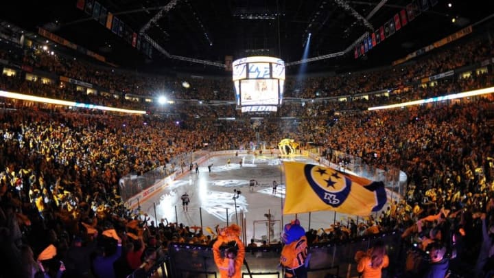 Apr 25, 2016; Nashville, TN, USA; General view of Bridgestone Arena as the Nashville Predators and Anaheim Ducks take the ice prior to game six of the first round of the 2016 Stanley Cup Playoffs at Bridgestone Arena. Mandatory Credit: Christopher Hanewinckel-USA TODAY Sports