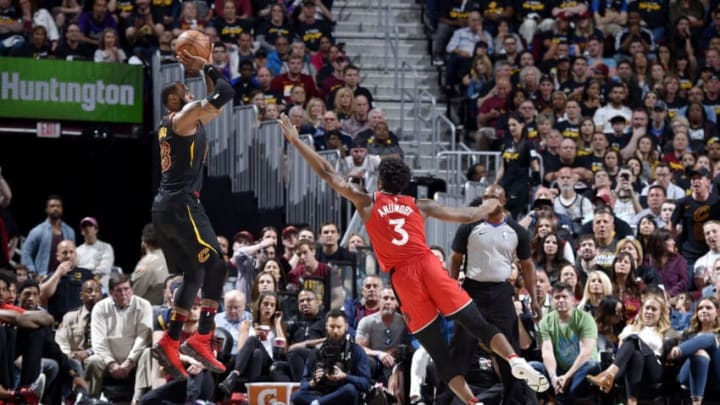 CLEVELAND, OH – MAY 5: LeBron James #23 of the Cleveland Cavaliers shoots the ball against the Toronto Raptors during Game Three of the Eastern Conference Semi Finals of the 2018 NBA Playoffs on May 5, 2018 at Quicken Loans Arena in Cleveland, Ohio. NOTE TO USER: User expressly acknowledges and agrees that, by downloading and/or using this Photograph, user is consenting to the terms and conditions of the Getty Images License Agreement. Mandatory Copyright Notice: Copyright 2018 NBAE (Photo by David Liam Kyle/NBAE via Getty Images)