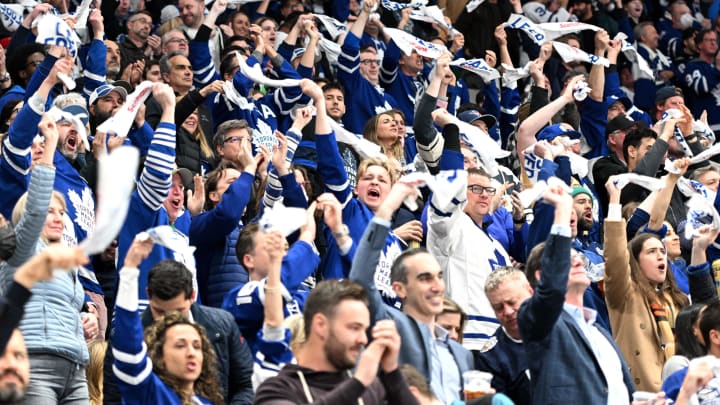 May 2, 2022; Toronto, Ontario, CAN; Toronto Maple Leafs fans cheer on their team against the Tampa Bay Lightning in game one of the first round of the 2022 Stanley Cup Playoffs at Scotiabank Arena. Mandatory Credit: Dan Hamilton-USA TODAY Sports