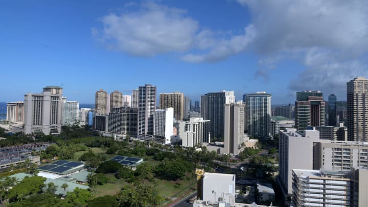 Aug 17, 2019; Honolulu, HI, USA; A general overall view of the Honolulu and Waikiki Beach skyline. Mandatory Credit: Kirby Lee-USA TODAY Sports