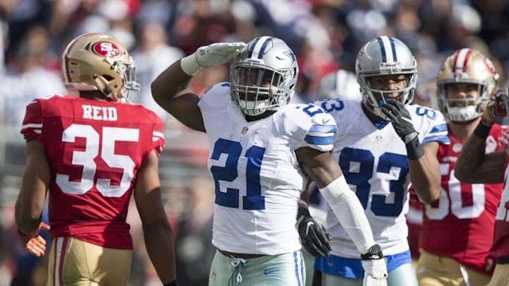 October 2, 2016; Santa Clara, CA, USA; Dallas Cowboys running back Ezekiel Elliott (21) celebrates after a run during the third quarter against the San Francisco 49ers at Levi