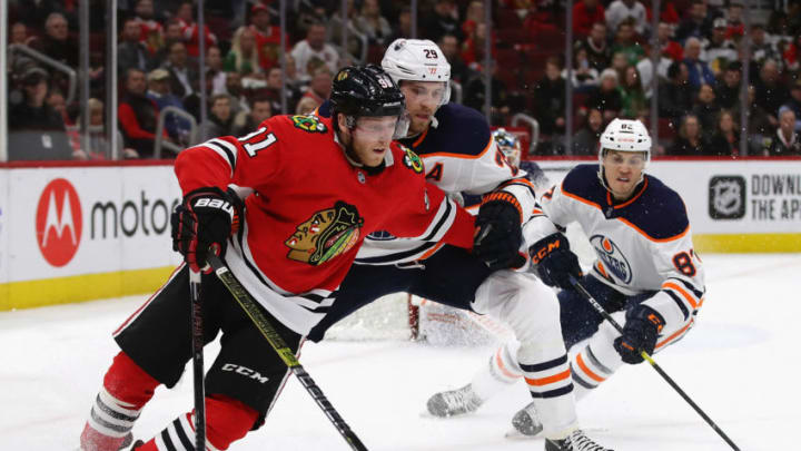 Drake Caggiula #91 of the Chicago Blackhawks (Photo by Jonathan Daniel/Getty Images)