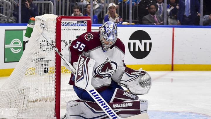 May 27, 2022; St. Louis, Missouri, USA; Colorado Avalanche goaltender Darcy Kuemper (35) makes a save against the St. Louis Blues during the second period in game six of the second round of the 2022 Stanley Cup Playoffs at Enterprise Center. Mandatory Credit: Jeff Curry-USA TODAY Sports