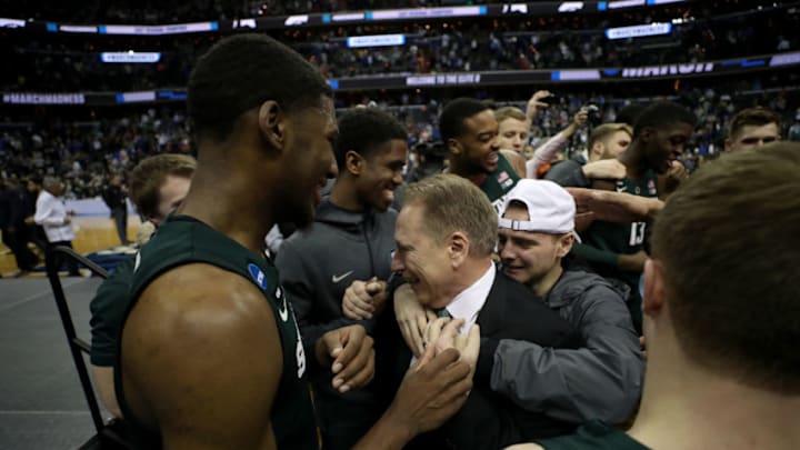 WASHINGTON, DC - MARCH 31: Head coach Tom Izzo of the Michigan State Spartans celebrates after defeating the Duke Blue Devils in the East Regional game of the 2019 NCAA Men's Basketball Tournament at Capital One Arena on March 31, 2019 in Washington, DC. The Michigan State Spartans defeated the Duke Blue Devils with a score of 68 to 67. (Photo by Rob Carr/Getty Images)