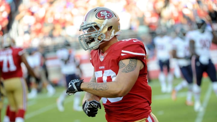 SANTA CLARA, CA – SEPTEMBER 14: Linebacker Aaron Lynch #59 of the San Francisco 49ers reacts after blocking a punt against the Chicago Bears during their game at Levi’s Stadium on September 14, 2014 in Santa Clara, California. (Photo by Noah Graham/Getty Images)