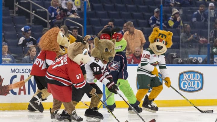 TAMPA, FL - JANUARY 28: Carolina Hurricanes' mascot Stormy avoids the stick-check by Arizona Coyotes' mascot Howler the Coyote during the mascot game prior to the NHL All-Star Game on January 28, 2018, at Amalie Arena in Tampa, FL. (Photo by Roy K. Miller/Icon Sportswire via Getty Images)