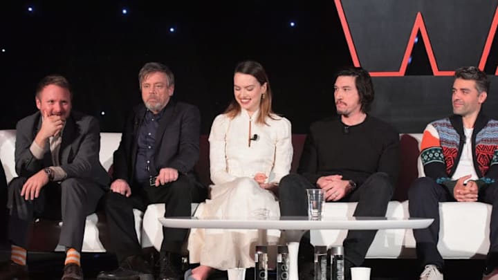 LOS ANGELES, CA - DECEMBER 03: (L-R) Director Rian Johnson, actors Mark Hamill, Daisy Ridley, Adam Driver and Oscar Isaac attend the press conference for the highly anticipated Star Wars: The Last Jedi at InterContinental Los Angeles on December 3, 2017 in Los Angeles, California. (Photo by Charley Gallay/Getty Images for Disney )