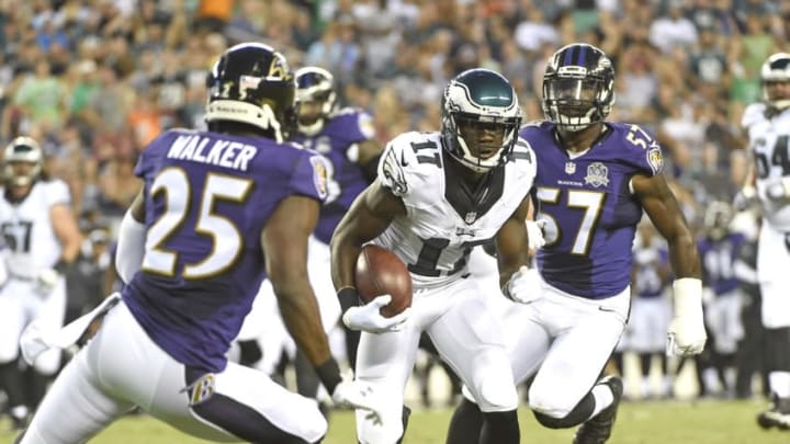 Aug 22, 2015; Philadelphia, PA, USA; Philadelphia Eagles wide receiver Nelson Agholor (17) makes a move against Baltimore Ravens cornerback Tray Walker (25) during the first half at Lincoln Financial Field. Mandatory Credit: Eric Hartline-USA TODAY Sports