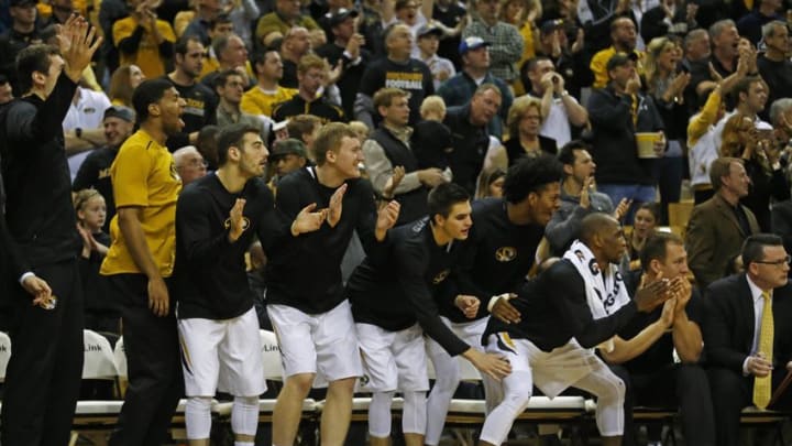 Dec 10, 2016; Columbia, MO, USA; Missouri Tigers players celebrate on the bench after a score during the first half of the game against the Arizona Wildcats at Mizzou Arena. Mandatory Credit: Jay Biggerstaff-USA TODAY Sports