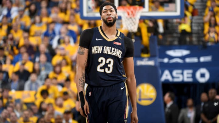 OAKLAND, CA - MAY 8: Anthony Davis #23 of the New Orleans Pelicans looks on during the game against the Golden State Warriors in Game Five of the Western Conference Semifinals of the 2018 NBA Playoffs on May 8, 2018 at Oracle Arena in Oakland, California. NOTE TO USER: User expressly acknowledges and agrees that, by downloading and or using this photograph, user is consenting to the terms and conditions of Getty Images License Agreement. Mandatory Copyright Notice: Copyright 2018 NBAE (Photo by Garrett Ellwood/NBAE via Getty Images)