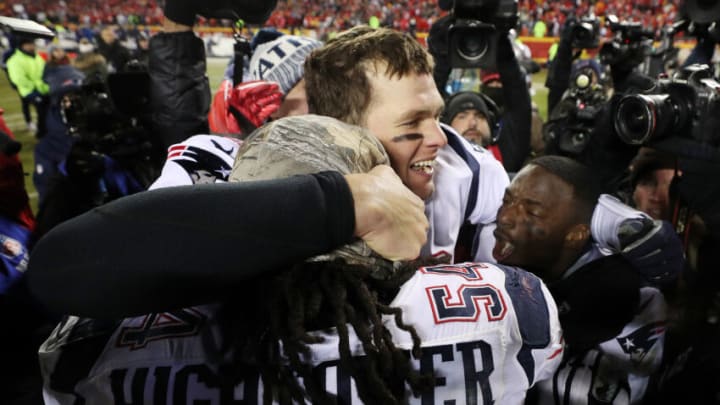 KANSAS CITY, MISSOURI - JANUARY 20: Tom Brady #12 of the New England Patriots celebrates with Dont'a Hightower #54 after defeating the Kansas City Chiefs in overtime during the AFC Championship Game at Arrowhead Stadium on January 20, 2019 in Kansas City, Missouri. The Patriots defeated the Chiefs 37-31. (Photo by Patrick Smith/Getty Images)