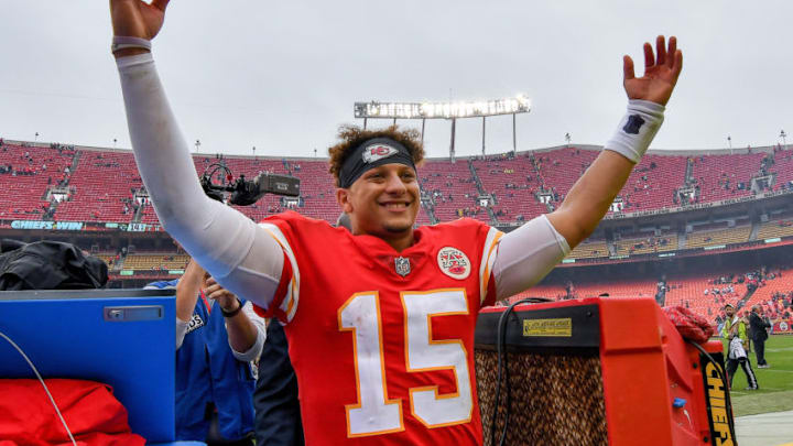Kansas City Chiefs quarterback Patrick Mahomes celebrates the team's 30-14 win against the Jacksonville Jaguars, after Sunday's football game on Oct. 7, 2018 at Arrowhead Stadium in Kansas City, Mo. (John Sleezer/The Kansas City Star/TNS via Getty Images)