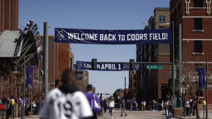 DENVER, CO - APRIL 1: Fans walk down Blake Street on Opening Day ahead of a game between the Colorado Rockies and the Los Angeles Dodgers at Coors Field on April 1, 2021 in Denver, Colorado. (Photo by Justin Edmonds/Getty Images)
