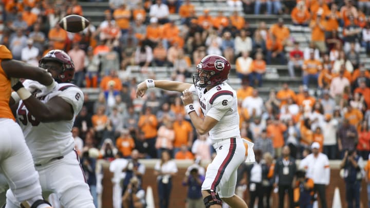 KNOXVILLE, TENNESSEE – OCTOBER 26: Ryan Hilinski #3 of the South Carolina Gamecocks throws a pass during the first quarter to score a touchdown against the Tennessee Volunteers at Neyland Stadium on October 26, 2019 in Knoxville, Tennessee. (Photo by Silas Walker/Getty Images)