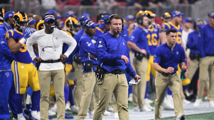 ATLANTA, GA - FEBRUARY 03: Head coach Sean McVay of the Los Angeles Rams reacts in the fourth quarter during Super Bowl LIII against the New England Patriots at Mercedes-Benz Stadium on February 3, 2019 in Atlanta, Georgia. (Photo by Harry How/Getty Images)