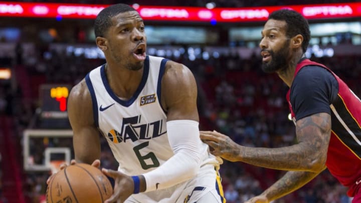 Utah Jazz forward Joe Johnson (6) tries to get past the Miami Heat's James Johnson (16) in the first quarter on Sunday, Jan. 7, 2018 at the AmericanAirlines Arena in Miami, Fla. (Matias J. Ocner/Miami Herald/Tribune News Service via Getty Images)