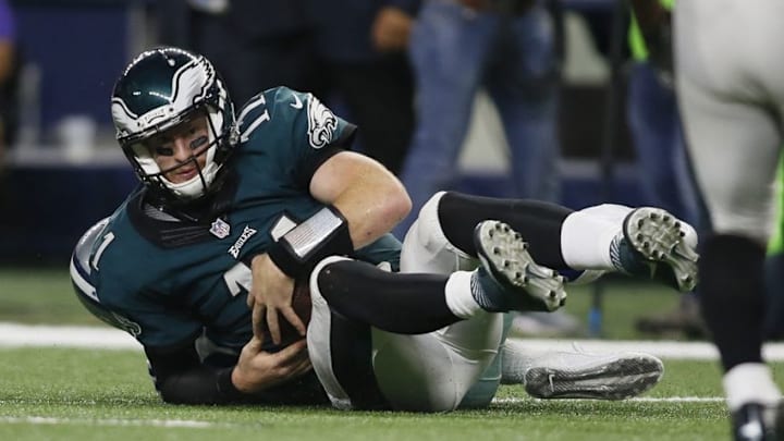 Oct 30, 2016; Arlington, TX, USA; Philadelphia Eagles quarterback Carson Wentz (11) is sacked by Dallas Cowboys cornerback Orlando Scandrick (32) in the fourth quarter at AT&T Stadium. Mandatory Credit: Tim Heitman-USA TODAY Sports Oct 30, 2016; Arlington, TX, USA; Philadelphia Eagles quarterback Carson Wentz (11) is sacked by Dallas Cowboys cornerback Orlando Scandrick (32) in the fourth quarter at AT&T Stadium. Mandatory Credit: Tim Heitman-USA TODAY Sports