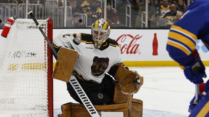 Dec 31, 2022; Boston, Massachusetts, USA; Boston Bruins goaltender Jeremy Swayman (1) stops a Buffalo Sabres shot during the second period at TD Garden. Mandatory Credit: Winslow Townson-USA TODAY Sports