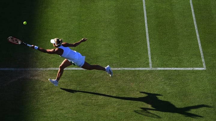 EASTBOURNE, ENGLAND - JUNE 29: Angelique Kerber of Germany hits a forehand during the ladies singles quarter final match against Johanna konta of Great Britain on day five of the Aegon International Eastbourne at Devonshire Park Lawn Tennis Club on June 29, 2017 in Eastbourne, England. (Photo by Mike Hewitt/Getty Images)