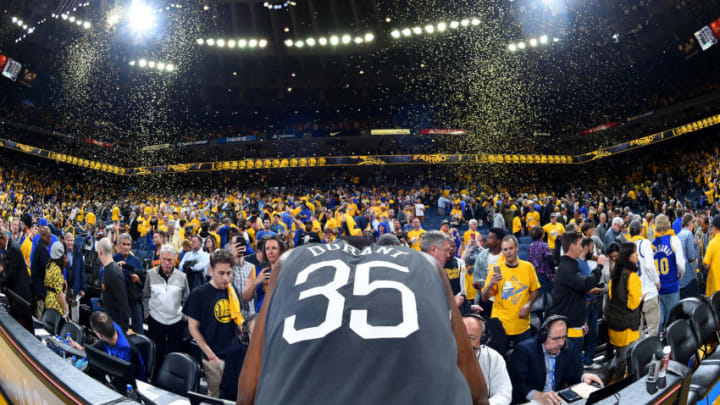 OAKLAND, CA - APRIL 30: Kevin Durant #35 of the Golden State Warriors looks on after defeating the Houston Rockets in Game Two of the Western Conference Semi-Finals of the 2019 NBA Playoffs on April 30, 2019 at ORACLE Arena in Oakland, California. NOTE TO USER: User expressly acknowledges and agrees that, by downloading and or using this photograph, user is consenting to the terms and conditions of Getty Images License Agreement. Mandatory Copyright Notice: Copyright 2019 NBAE (Photo by Andrew D. Bernstein/NBAE via Getty Images)