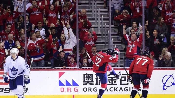 WASHINGTON, DC - OCTOBER 13: Evgeny Kuznetsov #92 of the Washington Capitals celebrates after scoring a goal against the Toronto Maple Leafs in the second period at Capital One Arena on October 13, 2018 in Washington, DC. (Photo by Patrick McDermott/NHLI via Getty Images)