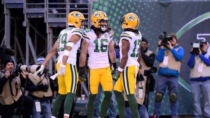EAST RUTHERFORD, NJ - DECEMBER 23: Jake Kumerow #16 of the Green Bay Packers celebrates with Davante Adams #17 of the Green Bay Packers and Equanimeous St. Brown #19 of the Green Bay Packers after scoring a touch down against the New York Jets during the second quarter at MetLife Stadium on December 23, 2018 in East Rutherford, New Jersey. (Photo by Steven Ryan/Getty Images)
