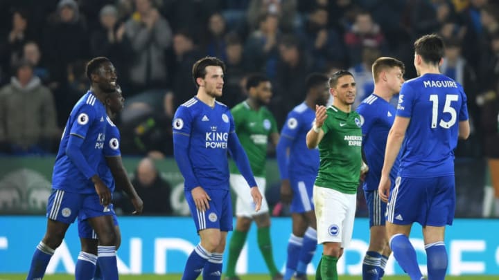 LEICESTER, ENGLAND - FEBRUARY 26: Anthony Knockaert of Brighton and Hove Albion shakes hands with Harry Maguire of Leicester City after the Premier League match between Leicester City and Brighton & Hove Albion at The King Power Stadium on February 26, 2019 in Leicester, United Kingdom. (Photo by Mike Hewitt/Getty Images)