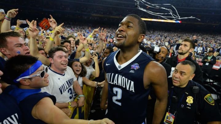 Apr 4, 2016; Houston, TX, USA; Villanova Wildcats forward Kris Jenkins (2) celebrates with the student section after defeating the North Carolina Tar Heels in the championship game of the 2016 NCAA Men