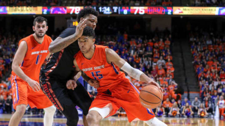 BOISE, ID – FEBRUARY 03: Guard Chandler Hutchison #15 of the Boise State Broncos drives into the defense of forward Tervell Beck #14 of the UNLV Rebels during second-half action on February 03, 2018 at Taco Bell Arena in Boise, Idaho. Boise State won the game 93-91 in overtime. (Photo by Loren Orr/Getty Images)